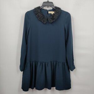 Bonsui Floral Lace Collar Long Sleeve Drop Waist Baby Doll Mini Dress Small Blue